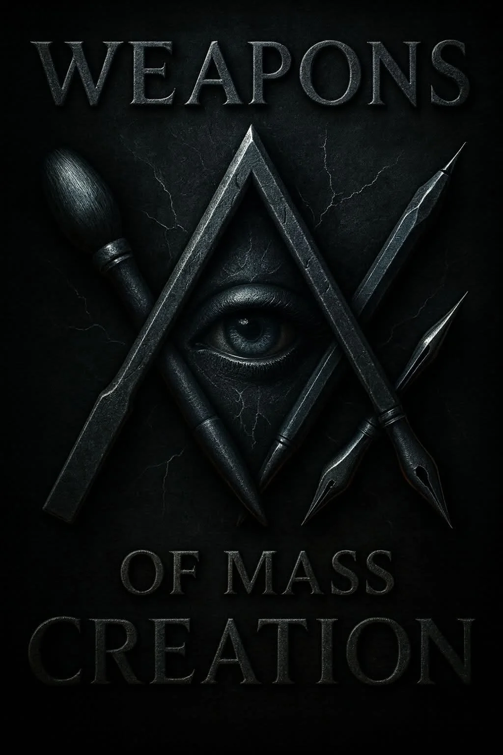 Weapons of Mass Creation — carved slate artwork: crossed pens, brush and chisel around an eye